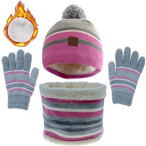 JFAN 3 Pezzi Caldo Invernali Ragazze Cappello a Maglia Bambini Unisex Berretto con Sciarpa Guanti Lana Cappellino Sci Regalo Set Multicolore cap Taglia Unica Rosa a Righe