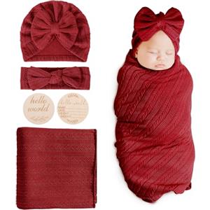 DRESHOW Copertina Neonato Coperta Fasciante Copertine Neonata Morbido Coperta Avvolgente per Neonati Sacco Nanna 80 x 80 cm con Fiocco Cappello e Fascia