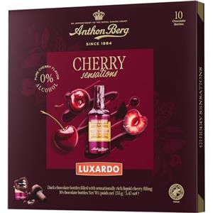 Anthon Berg - Confezione di Cioccolatini Assortiti ripieni di Cherry Luxardo®, Bottigliette di Cioccolato Fondente con Liquore alla Ciliegia, 10 Pezzi, 155 Grammi
