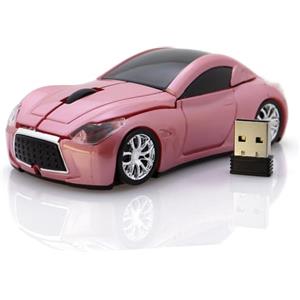DAY DAY HAPPY mouse wireless a forma di automobile mouse per computer 1600 DPI con luce LED blu per PC portatile (Pink)