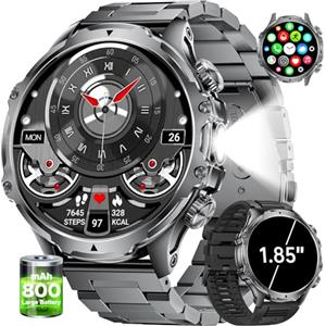 LIGE Smartwatch Uomo con Torcia LED/800mAh, 1.85'' Orologio Smart Watch con Chiamata Bluetooth, IP68 Impermeabile 110+ modalità Sportive Cardiofrequenzimetro SpO2 e Sonno per iOS Android, FV15-D