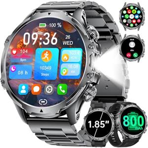 LIGE Smartwatch Uomo con Torcia LED/800mAh, 1.85'' Orologio Smart Watch con Chiamata Bluetooth, IP68 Impermeabile 110+ modalità Sportive Cardiofrequenzimetro SpO2 e Sonno per iOS Android, FV15-C