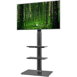 Hemudu Supporto TV da Pavimento Regolabile in Altezza 16 Livelli, Porta TV da Terra Mobile per TV LCD LED da 19 a 43 Pollici, Staffa TV Girevole 100º, Fino a 45 kg, Max VESA 200 x200 mm, 3 Ripiani