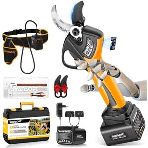 SWANSOFT Forbici da Potatura a Batteria 40mm, 21V Forbice Elettriche Progressivo da Giardino 1050W, con Batterie 4000mAh x2, Cesoie a Batteria per Potatura Professionali, Display LCD e 2 Lame (Giallo)