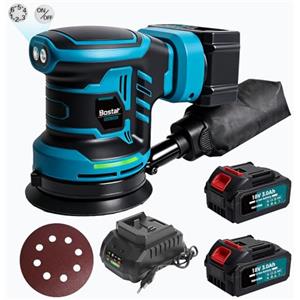 Bostar Levigatrice Rotorbitale a Batteria 18V, Ø125mm Motore Brushless, 2 Batterie 3.0Ah, Max. 21000 Giri/min, 6 Velocità, Sacco Polvere, Levigatrice Orbitale per Legno e Auto, Compatibile Makita 18V