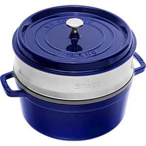 STAUB Casseruola/Cocotte in ghisa, Con inserto per cottura a vapore, Tonda 26 cm, 5,2 litri, Interno della pentola con smaltatura nera opaca, Blu scuro