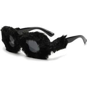 LJCZKA Occhiali da Sole Pelosi Occhi di Gatto Novità Donne, Occhiali da Sole in Pelliccia Pelosi Divertenti Morbida Velluto Festival Party Occhiali (Nero Nero)
