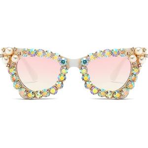 LJCZKA Retro Occhiali da Sole Occhi di Gatto Diamante Donna, Vintage Quadrati Strass Perla Montatura Festa Punk Sfumature Protezione UV400 (Bianco Gradiente Rosa)