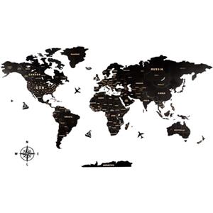 Creawoo Mappa del Mondo in Legno da Parete Decorazione, Nero Mappamondo in Legno Parete Puzzle Arte per Soggiorno, Ufficio, Camera Decorazione -200x114 CM