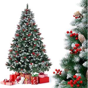 YOUDENOVA Albero di Natale artificiale con neve, abete artificiale 210 cm, albero di Natale con agrifoglio e pigne di abete, albero di neve, albero di Natale artificiale con montaggio rapido sistema