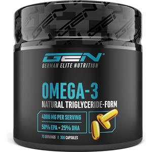 GEN GERMAN ELITE NUTRITION Omega 3 ad alto dosaggio con 4000 mg - 300 capsule - Olio di pesce con l'80% di acidi grassi di cui 2000 mg di EPA e 1000 mg di DHA - Forma naturale di trigliceridi - Elaboratamente purificato