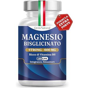 GrowNatural Magnesio Bisglicinato STRONG 600mg | 180 Compresse con Vitamina B6 | Magnesio Glicinato forma chelata | Magnesium Glycinate | Integratore Contro Stress e Affaticamento | Supporta Muscoli e Ossa