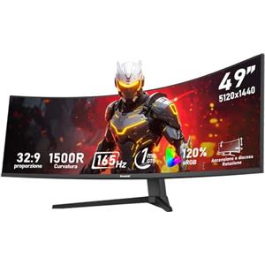 Gawfolk Monitor Gaming Curvo Ultra-Wide da 49 Pollici, 1500R, DFHD (5120×1440), 165Hz, 1MS, FreeSync, 120% sRGB, Schermo PC Regolabile in Altezza, Interfacce HDMI2.1 & DP1.4, VESA 75 * 75mm-Nero