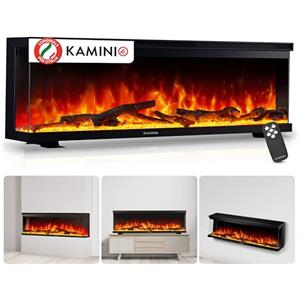 KAMINIO Camino elettrico LEA - Caminetto 3-in-1 con vista panoramica, riscaldamento, effetto fiamma 3D, 12 colori di fiamma, telecomando (60 pollici)