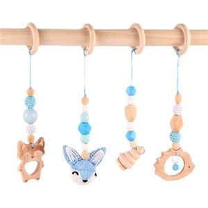 Whcctl 4 Pezzi Palestrina Neonato Montessori, Palestrina Neonato Legno, Giochi per Passeggino da Appendere, Baby Gym con Ciondolo in Legno, per Il Gioco e Il Fitness dei Bambini (Blu)