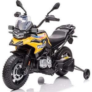 Mondial Toys Motocicletta BMW F 850 GS Moto Elettrica Bambini 12V Ruote in Gomma EVA Rotelle Removibili Cavalletto in Metallo Luci LED USB Suoni Sedile Ampio 3-8 Anni Sospensioni fino a 30 kg Giallo