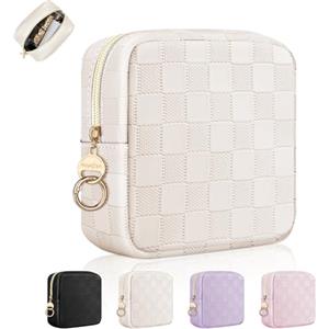 Playexen Pochette Trucchi Donna Beauty Case Piccola Trousse da Borsetta Ragazza in Pelle PU Portatrucchi da Viaggio per Cosmetica Organizer Piccolo Astuccio Trucco Portatile Amica Compleanno(scacchi-Beige)