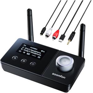 SOOMFON 3-in-1 Trasmettitore Ricevitore Bluetooth 5.3 con doppia Antenna, Adattatore Audio BT per 2 cuffie, Trasmettitore Bluetooth per TV e Stereo, con display e controllo del volume, AUX/Ottico