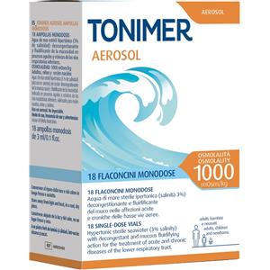 IST.GANASSINI SpA TONIMER AEROSOL 1000 - Acqua di mare sterile ipertonica, 18 flaconcini monodose da 3 ml, decongestionale e fluidificante
