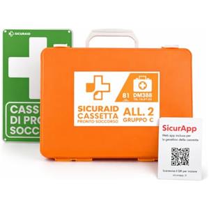 SICURAID Cassetta Pronto Soccorso Aziendale Allegato 2 DM 388/2003 CE MDR con Web App SicurApp | Kit Medico Certificato | Valigetta Arancio con Cartello per Aziende fino a 2 Dipendenti - Gruppo C