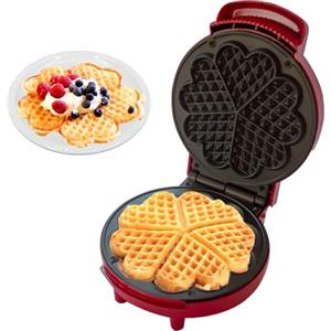 BEHOME Macchina per Waffle, Waffle a forma di Cuore con Piastra Antiaderente, Piedini Antiscivolo 1000W | Macchina per 5 Waffle alla volta, Rossa