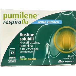 Pumilene Respiroflu 12 Bustine solubili con N-acetilcisteina, Bromelina, Oli essenziali, Gusto menta arancia, 36 g