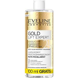 Eveline Cosmetics Gold Lift Expert Acqua Micellare 3-in-1 con Oro 24K, Acido Ialuronico e Olio di Argan - Formula Anti-Età per Pelle Matura, Rimuove Trucco Waterproof