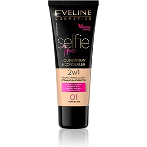 Eveline Cosmetics Selfie Time Fondotinta & Correttore Idratante No 01 Porcelain - Copertura Modulabile, Acido Ialuronico & Vitamina E, Formula Anti-Inquinamento, 30ML
