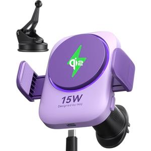 INIU Caricatore Wireless Auto 15W Mag-safe con Ventola e LED, Certificato Qi2 Ricarica Rapida e Supporto per iPhone 16 Pro Max/15/14/13/12 ect, Viola