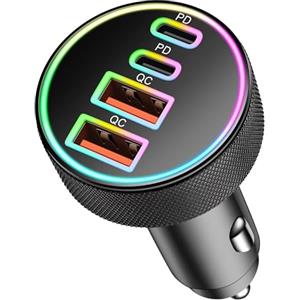 CREAPICO 90W Caricatore Auto USB C, 4 Porte USB A & C Caricabatterie Accendisigari Presa 12V PD/QC Carica Batteria Adattatore per iPhone 17/Air/16/16e/15 Pro Max Plus, iPad, Samsung Galaxy S25/S24, Pixel 10/9