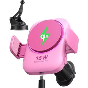 INIU Caricatore Wireless Auto 15W Mag-safe con Ventola e LED, Certificato Qi2 Ricarica Rapida e Supporto per iPhone 16 Pro Max/15/14/13/12 ect, Rosa