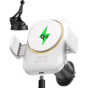 INIU Caricatore Wireless Auto 15W Mag-safe con Ventola e LED, Certificato Qi2 Ricarica Rapida e Supporto per iPhone 16 Pro Max/15/14/13/12 ect, Bianco