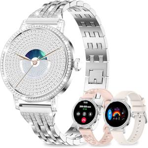 fitonyo Smartwatch Donna con Diamant,1,27" HD Smart Watch con Chiamate Bluetooth,3 Cinturini/SpO2/Pressione/Sonno/Passi/Calorie, IP68, 120+ Sportivo orologio donna smartwatch per Android/iOS,Argento