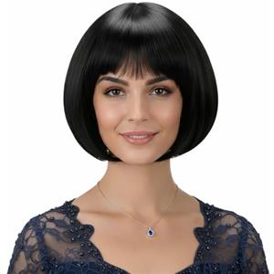 Carnival Toys Parrucca Nera Donna con Frangia - Taglio Bob Caschetto Corto - Modello Lovely per Cosplay, Carnevale, Feste e Uso Quotidiano