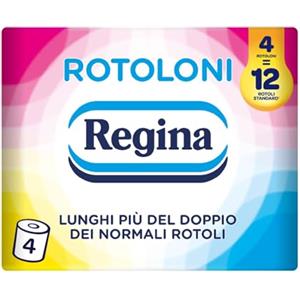 Regina Rotoloni - 4 Maxi Rotoli di Carta Igienica, 500 Fogli a 2 Veli, Lunghi Più del Doppio dei Normali Rotoli, Confezione 50% in Plastica Riciclata, Carta 100% Certificata FSC