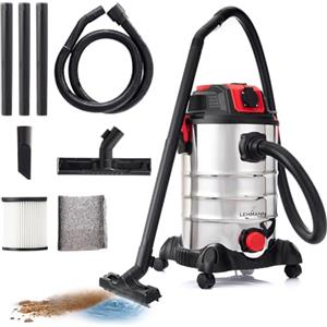 LEHMANN Bidone Aspirapolvere Industriale con Contenitore in Metallo 30L, 1500W, Aspira Solidi e Liquidi con Presa di Corrente, Funzione Soffiaggio, Filtro HEPA e Schiuma, Scuotifiltro, Argento