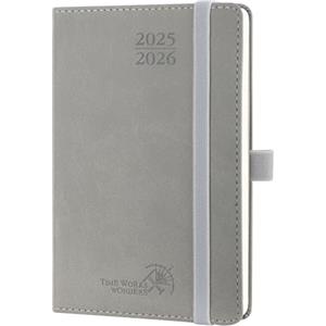 POPRUN Agenda 2025 2026 Settimanale Piccola 16 x 10,5 cm, Diario Scuola A6 17 Mesi da Ago.2025 a Dic.2026, Copertina Morbida in Pelle Vegana, Carta Spessa da 80 GSM, Grigio