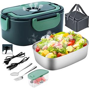 Gentre Lunch Box Elettrico Portatile Scaldavivande per Auto Camion e Ufficio 4 in 1 12V/24V/220V~240V 1.5L 60W Porta Pranzo in Acciaio Inox, Scomparti, Forchetta Cucchiaio e Borsa Per il Trasporto