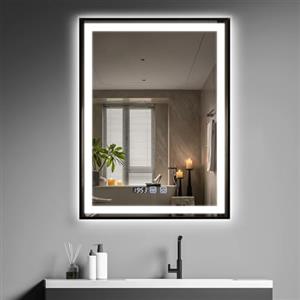YU YUSING Specchio Bagno con Luce LED, 60x80cm, 3 Colori, Luce Regolabili, Specchio da Parete con Interruttore Touch, Antiappannamento, Visualizzazione del Tempo, Telaio Metallo, IP44, Verticale Nero
