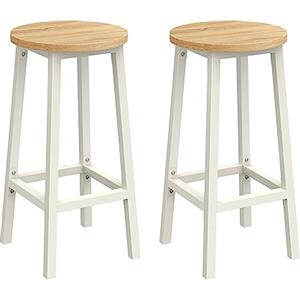 VASAGLE Set di 2 Sgabelli da Bar, Sedie da Cucina, Struttura in Metallo, Montaggio Facile, Alto 65 cm, con Poggiapiedi, per Cucina, Soggiorno, Sala da Pranzo, Beige Rovere e Bianco LBC032W09