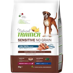 Natural Trainer Sensitive No Grain Adult Medium/Maxi con Trota e Patate - Alimento Secco Completo per Cani Adulti 3 kg