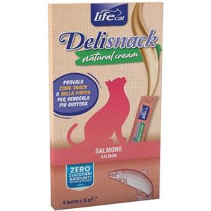 Life Cat Deli Snack Natural Cream Salmone - Snack cremoso per gatti, 6 bustine da 15 gr, senza zuccheri aggiunti e coloranti artificiali