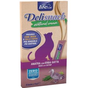Life Cat Deli Snack Natural Cream Anatra con Erba Gatta - Snack Cremoso per Gatti, 6 Bustine da 15g, Senza Zuccheri Aggiunti