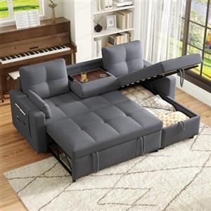 Bladez Divano letto a forma di L, divano ad angolo allungabile, Linen, Chaise Longue con vano portaoggetti, porta bevande estraibile, divano modulare a 3 posti per soggiorno (grigio)