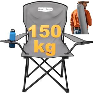BEAU JARDIN Sedia Pieghevole Portatile da Campeggio 150 KG con Braccioli Portabicchieri e Borsa di Trasporto da Pesca per Portata fino a Sedia Pieghevole Campeggio Grigio