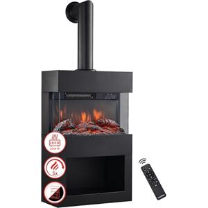 KAMINIO Camino elettrico HENRI con tubo del camino - Stufa elettrica con riscaldamento, effetto fiamma 3D, vano portalegna, luce ambiente a LED, telecomando (Nero)