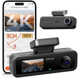 70mai Car Dash Cam 4K 3 canali T800E, Tripla Telecamera Anteriore e Posteriore 4K+1080P+1080P, HDR, Visione Notturna IR, Modalità Parcheggio, F1.55, GPS, Supercondensatore, MicroSD non inclusa