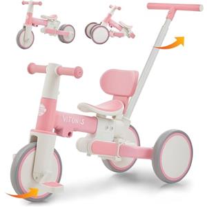 VITONIS bicicletta senza pedali da 1 anno, triciclo 5 in 1 con barra di spinta per bambini, girello per bambini da 1 a 4 anni Regali e giocattoli (rosa)