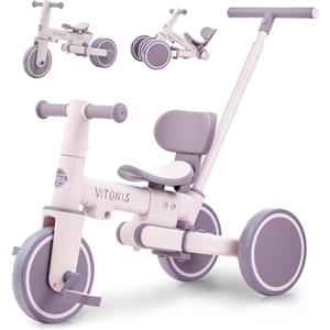 VITONIS bicicletta senza pedali da 1 anno, triciclo 5 in 1 con barra di spinta per bambini, girello per bambini da 1 a 4 anni Regali e giocattoli (viola)