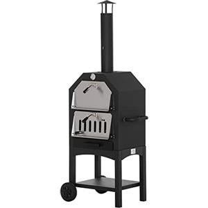Outsunny Forno per Pizza Barbecue a Carbonella, BBQ da Esterni/Giardino in Acciaio Inox con Termometro, 64x54x160cm